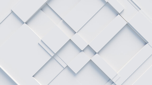 White tech background, with a geometric 3D structure. Clean, minimal design with simple futuristic forms. 3D render