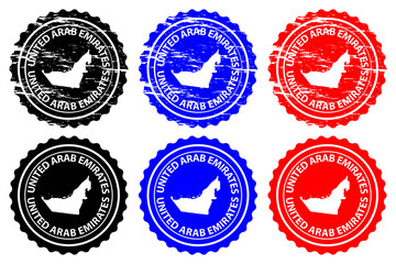 United Arab Emirates - rubber stamp - vector, United Arab Emirates (UAE) map pattern - sticker - black, blue and red