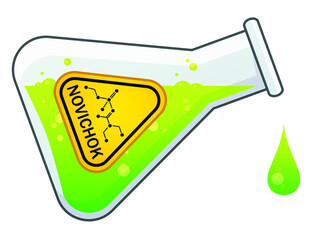Chemical glass flask with dripping drops of poison liquids. Yellow label with novichok indicated. Nerve agent and binary chemical weapon. Cartoon illustration.