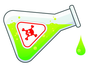 Chemical glass flask with dangerous green liquid dripping from the tube. Scientific experiments, research and tests. Analysis of acid, poison and other hazardous fluids. Colored cartoon illustration.