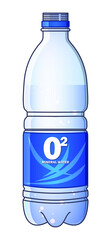 Bottle of mineral water bottle with blue label and O2 logo on it. Not fully filled with water and without bottle cap. Healthy drink for sports and healthy lifestyle. Cartoon vector illustration.