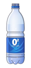 Bottle of mineral water bottle with blue label and O2 logo on it. Not fully filled with water and without bottle cap. Healthy drink for sports and healthy lifestyle. Cartoon illustration.