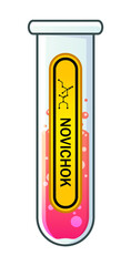 Chemical laboratory glass flask with pink liquid. Yellow label with novichok indicated. Nerve agent and binary chemical weapon. Poison or acid. Cartoon illustration.