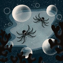 Funny octopuses swim on the bottom of the sea. Background illustration.