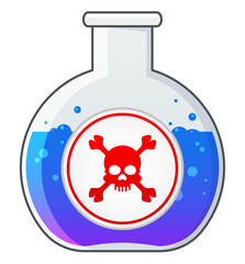 Chemical glass flask with dangerous poison liquids. White label with red skull and crossbones. Chemical weapon, acid or poison. Cartoon illustration.