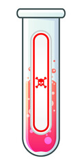 Chemical glass flask with dangerous poison liquids. White label with red skull and crossbones. Chemical weapon, acid or poison. Cartoon illustration.
