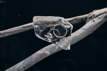 wedding rings lie on an ice floe