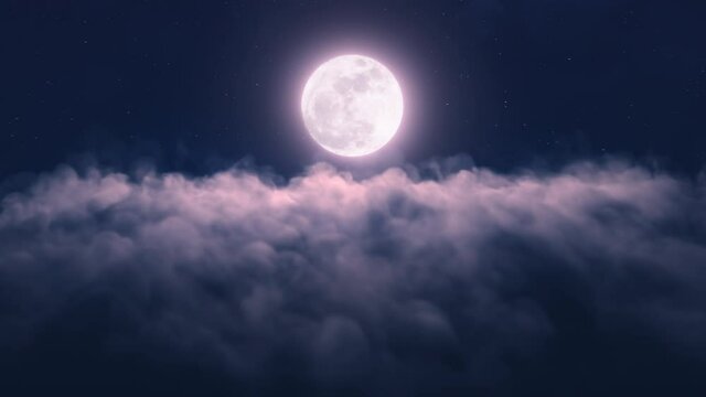 Bright glowing full moon in the sky. Light reflections on clouds. Time lapse, fast moving clouds. Dark blue night, evening sky footage. 3D render.