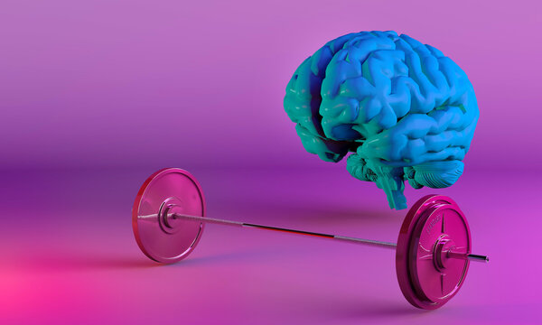3D rendering of a blue brain training with a barbell on a pink background,