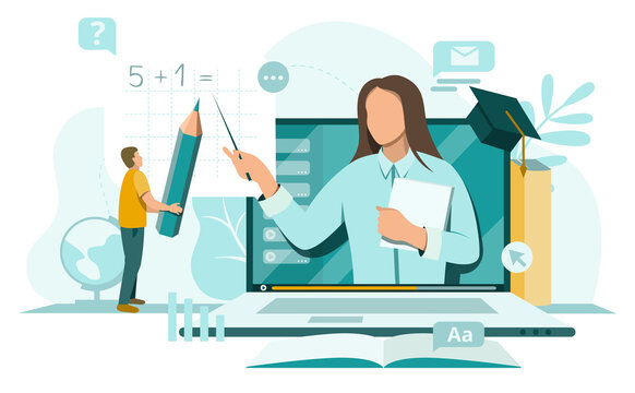 Online education at home vector concept.Online courses, distance web learning, internet studying, online book, e-learning flat illustration with caracter studying on laptop for website, banner, poster