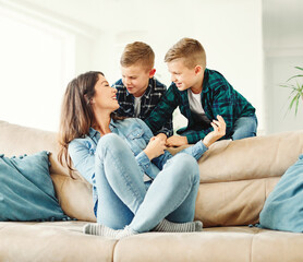 child son mother family happy playing kid childhood mom love fun smiling little woman home brother...