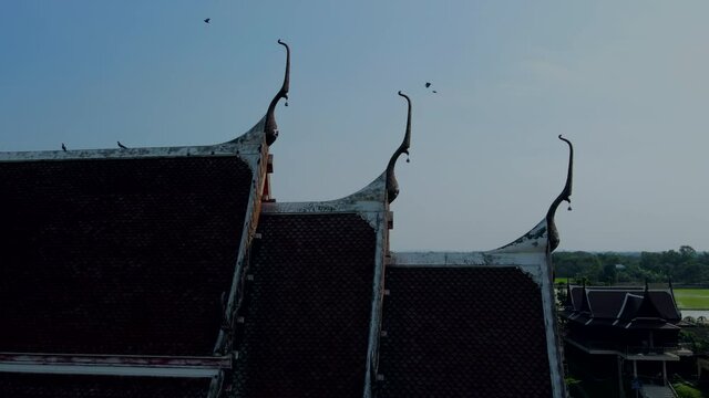 Movement shot of drone flying around the Buddhist temple Thai architecture, Wat Oum Ong, Nonthaburi, Thailand.