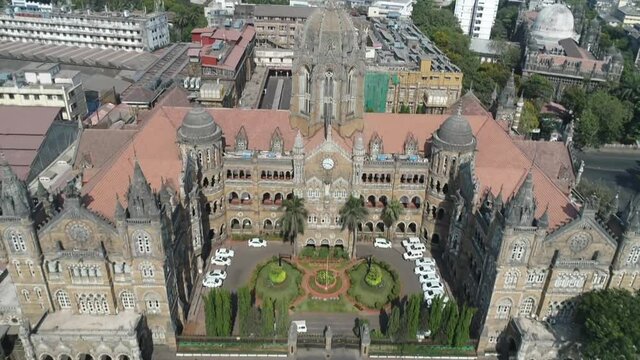 An aerial shot of Chhatrapati Shivaji Maharaj Terminus during the COVID-19 pandemic lockdown in Mumbai, India
