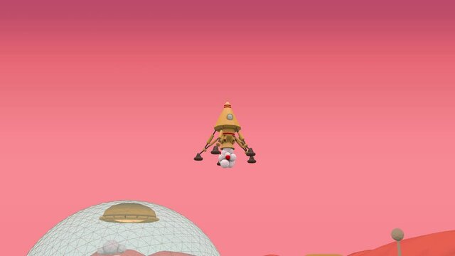 Low-poly 3d animation of a rocket landing on Mars. A Martian colony with a dome and a rover. The idea of a Martian mission, the colonization of the red planet.
