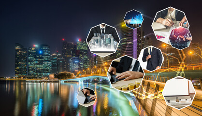 Business network web banner photo set in concept of management and growth by using corporate...