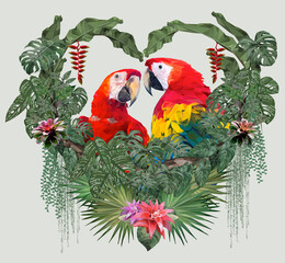 Polygonal Illustration Macaw bird with Amazon leafs.