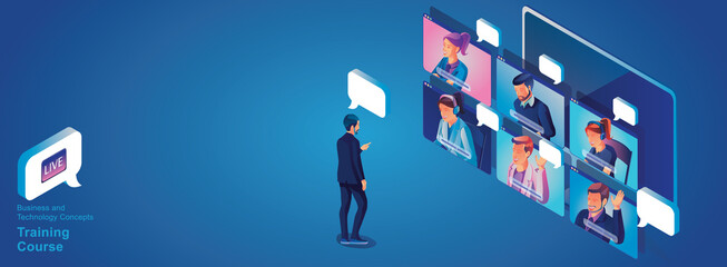 Businessmen use Video conference landing Working People on window screen taking with colleagues. Videoconferencing and online meeting workspace page, man and woman learning Vector illustration, Flat	