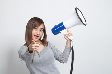 Beautiful young Asian woman announce with megaphone.