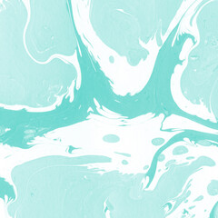 Aqua marble ink texture on watercolor paper background. Marble stone image. Bath bomb effect. Psychedelic biomorphic art.