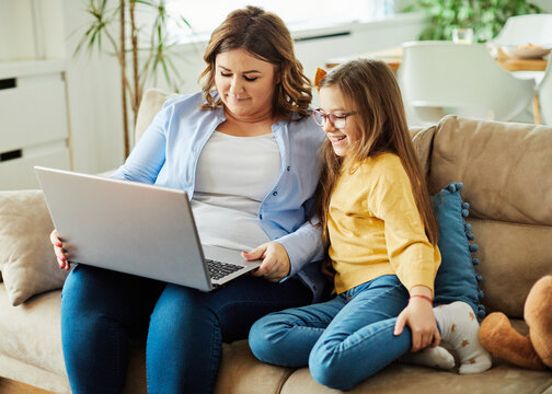 Laptop Computer Education Mother Children Daughter Girl Familiy Childhood Home Child Parent