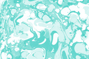Aqua marble ink texture on watercolor paper background. Marble stone image. Bath bomb effect. Psychedelic biomorphic art.