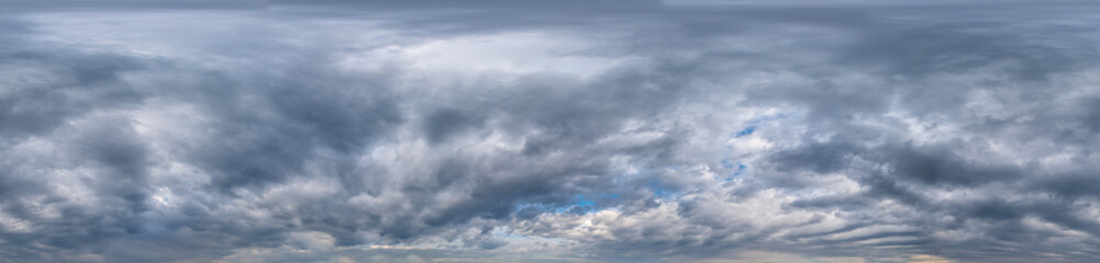 Sky panorama on overcast rainy day with low clouds in seamless spherical equirectangular format....