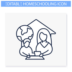 Geography lesson line icon. Child teaches geographics with mother. Home education concept. Distant remote teaching and homeschooling. Editable vector illustration 