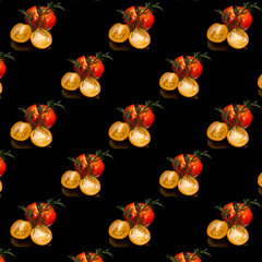 Tomatoes, dill on black background, pattern, close-up, template, banner, flat layout, advertising, wallpaper