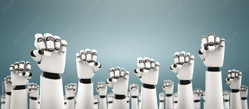 Poster robot humanoid hands up to celebrate success achieved by using ai artificial intelligence thinking a