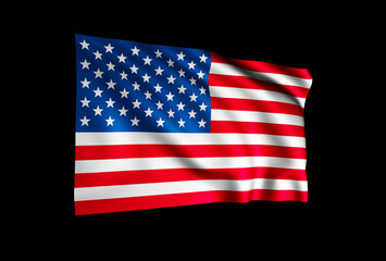 USA flag isolated on black background, wavy fabric 3D render illustration as as patriotic background.