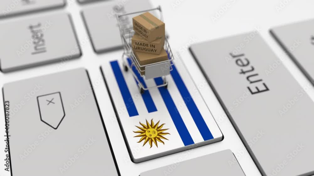 Poster goods made in uruguay in the shopping cart on the keyboard. export or import concepts, looping 3d an