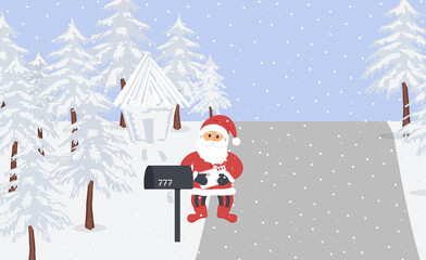 Christmas eve:Santa Claus stand near outdoor mailbox and holds a letter with wishes.Santa fabulous house and road in pine forest.Snow is falling.New Year greeting card.Raster flat illustration