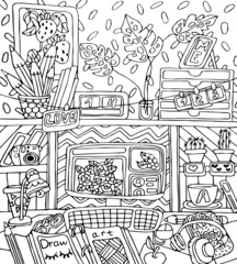 Black and white vector hand-drawn picture  coloring antistress room interior with computer, cacti, flowers, headphones, mug, camera, lamp, apple, books, glasses, table, pencils, photos, stickers
