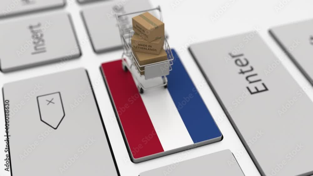 Poster goods made in netherlands in the shopping cart on the keyboard. export or import concepts, looping 3