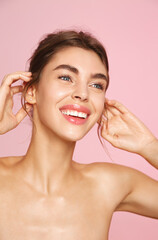 Beauty and valentines day. Woman with nude makeup, clean and smooth skin from cleansing gel and...