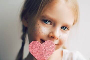 Little blonde pretty girl holding pink heart near her face. Valentines concept. Love. Portrait of a pretty child. Blue eyes. - 406089217