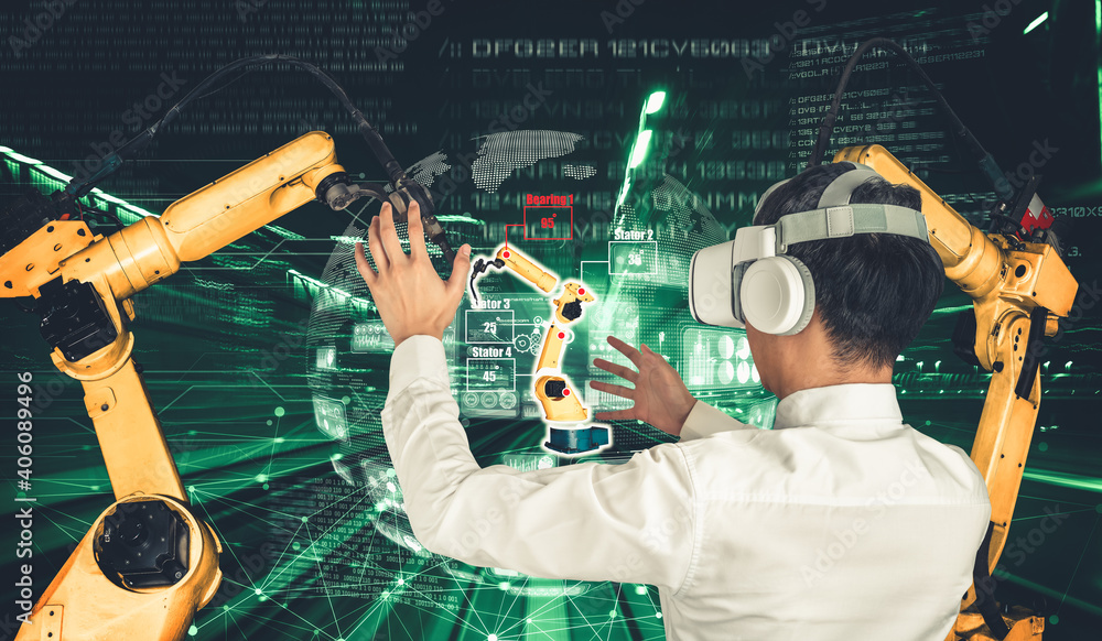 Poster engineer controls robotic arms by augmented reality industry technology application software. smart 
