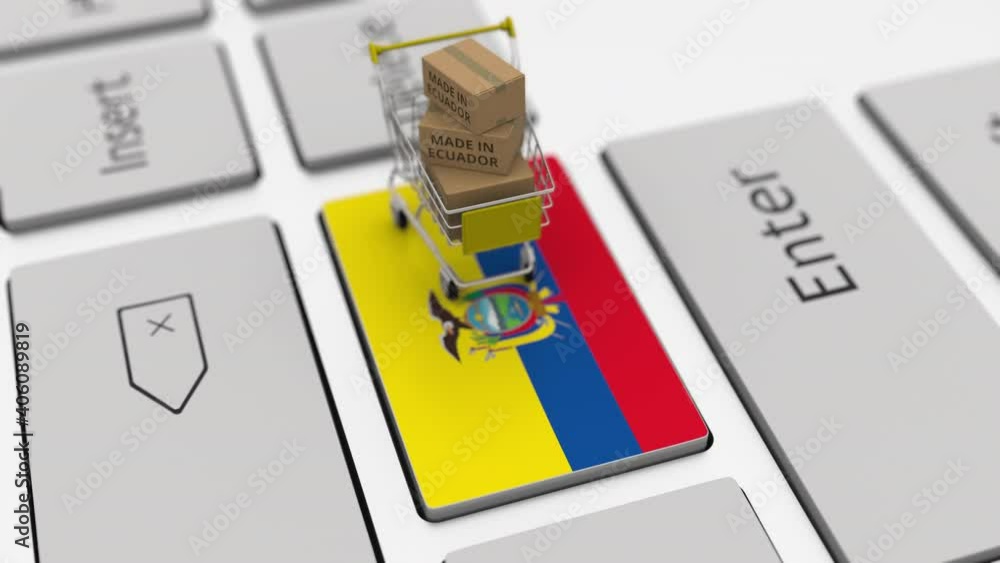 Poster cartons with made in ecuador text and shopping cart on the computer keyboard. conceptual looping 3d 