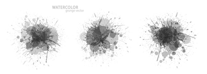 Watercolor effect vector stains. Grunge splatter set. Black paint stains.  Ink spots. Black and white drops. Grunge backgrounds collection.