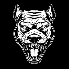 Illustration of head of angry pitbull in vintage monochrome style. Design element for logo, emblem, sign, poster, card, banner.