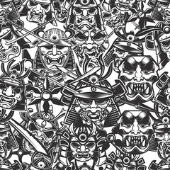 Obraz premium Seamless pattern with samurai masks in monochrome style. Design element for poster, card, banner.