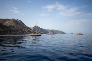 sailing boat in the sea view from the sea hydra island