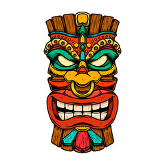 Illustration of Tiki tribal wooden mask. Design element for logo, emblem, sign, poster, card, banner. © liubov