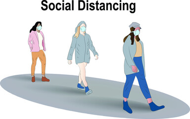 People in the street in protective masks keep their distance. Social distancing concept to prevent the covid-19 coronavirus. Vector illustration.