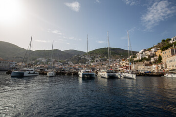 boats in the harbour hydra island
