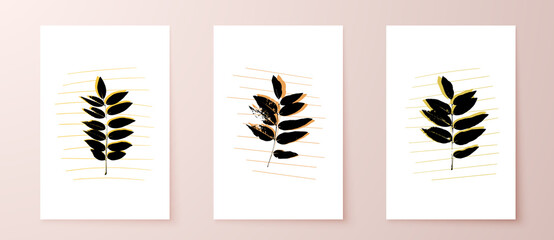 Grunge leaves postcard set. Abstract foliage for cards, covers, wall art or posters. Pastel colors backgrounds. Sophora tree leaf. Sophora japonica foliage.