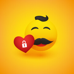 Smiling Male Emoji with Mustache and Hair with a Red Heart - Simple Happy Emoticon on Yellow Background - Vector Design
