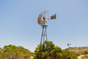 Windpump on farm between plants and trees