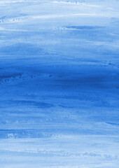 Blue ink and watercolor texture on white paper background. Gradient paint strokes and decalcomania effect. Hand-painted gouache abstract image. Mess on the canvas.