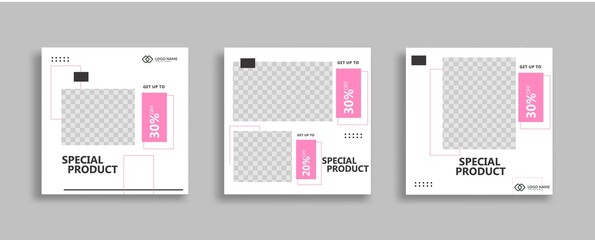 Set of Editable minimal square banner template. pink and white background color with geometric shapes for social media post and web internet ads. Vector illustration